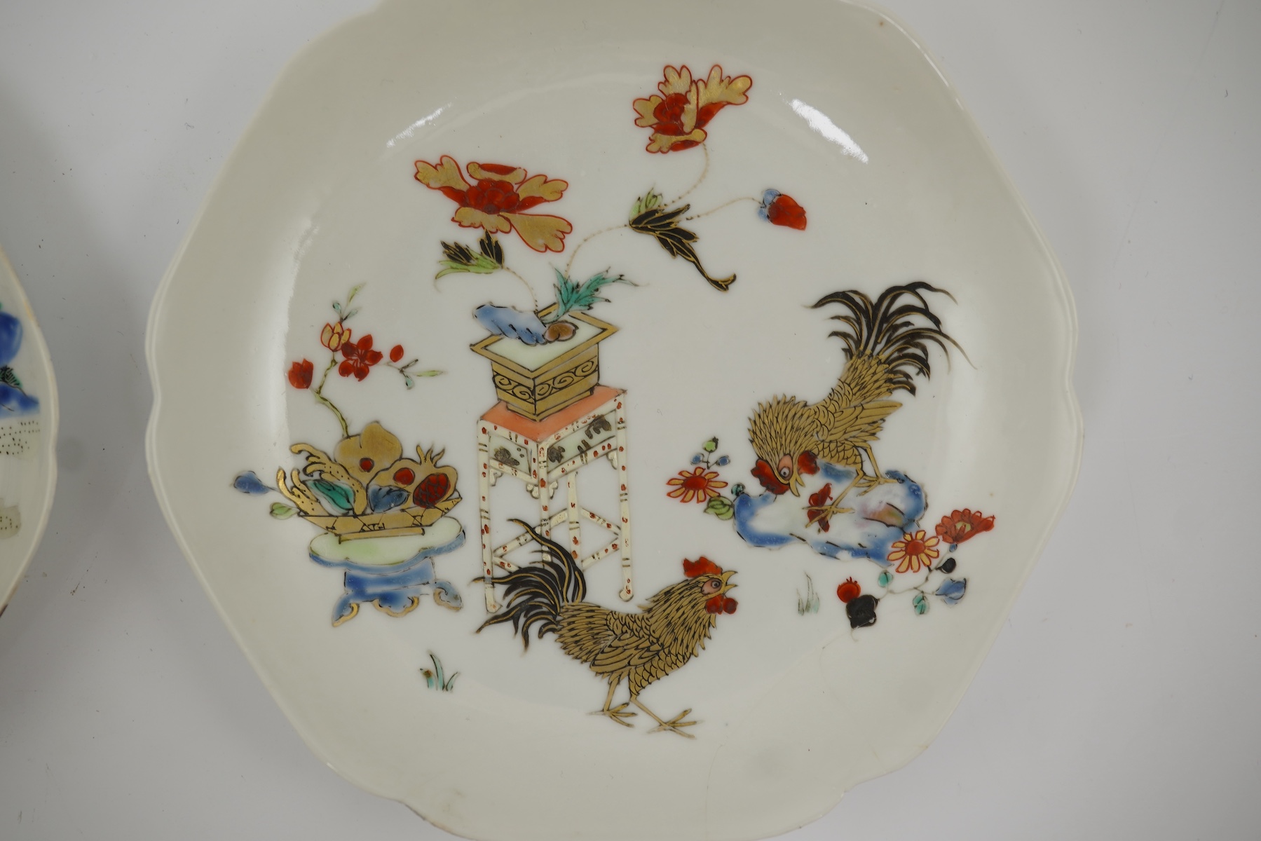 Two Chinese semi-eggshell porcelain hexagonal saucers and a similar cup, Yongzheng/Qianlong period